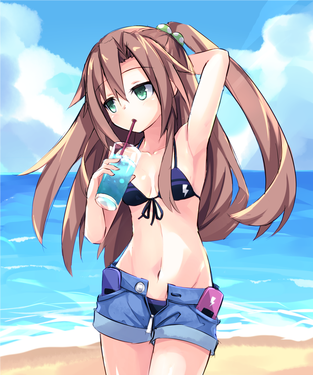 1girl beach bow brown_hair cellphone denim denim_shorts drinking drinking_straw green_eyes hair_bow hair_ornament highres himajin_(starmine) if_(neptune_series) long_hair navel neptune_(series) phone short_shorts shorts solo swimsuit