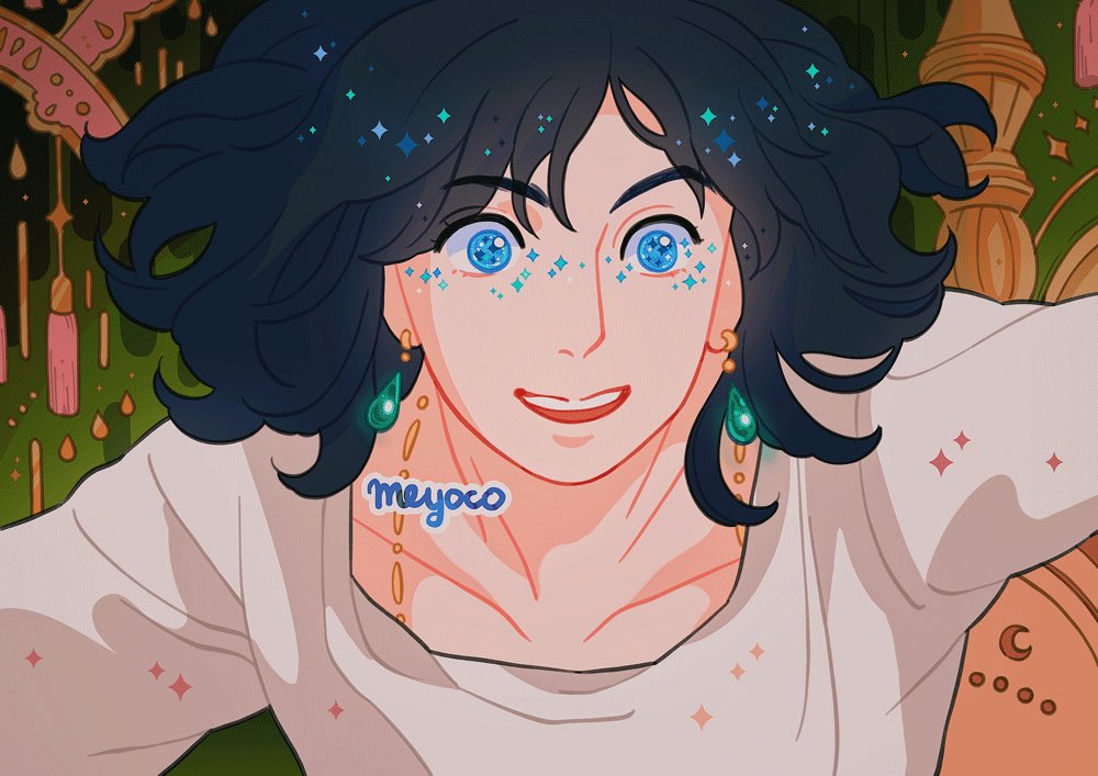 1boy artist_name black_hair blue_eyes crescent derivative_work earrings eyebrows_visible_through_hair howl_(howl_no_ugoku_shiro) howl_no_ugoku_shiro jewelry medium_hair meyoco necklace open_mouth screencap_redraw shirt smile solo sparkle tassel white_shirt