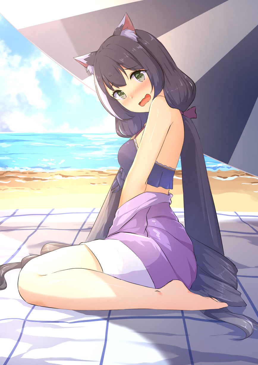 1girl animal_ear_fluff animal_ears bangs bare_shoulders barefoot beach beach_umbrella bikini bikini_under_clothes black_bikini black_hair blush bow breasts cat_ears chahei commentary day eyebrows_visible_through_hair green_eyes hair_bow head_tilt highres horizon jacket karyl_(princess_connect!) long_hair looking_at_viewer looking_to_the_side low_twintails nose_blush ocean off_shoulder open_mouth outdoors princess_connect! princess_connect!_re:dive purple_bow purple_jacket ringlets sand sitting small_breasts solo swimsuit symbol_commentary twintails umbrella very_long_hair wariza water wavy_mouth