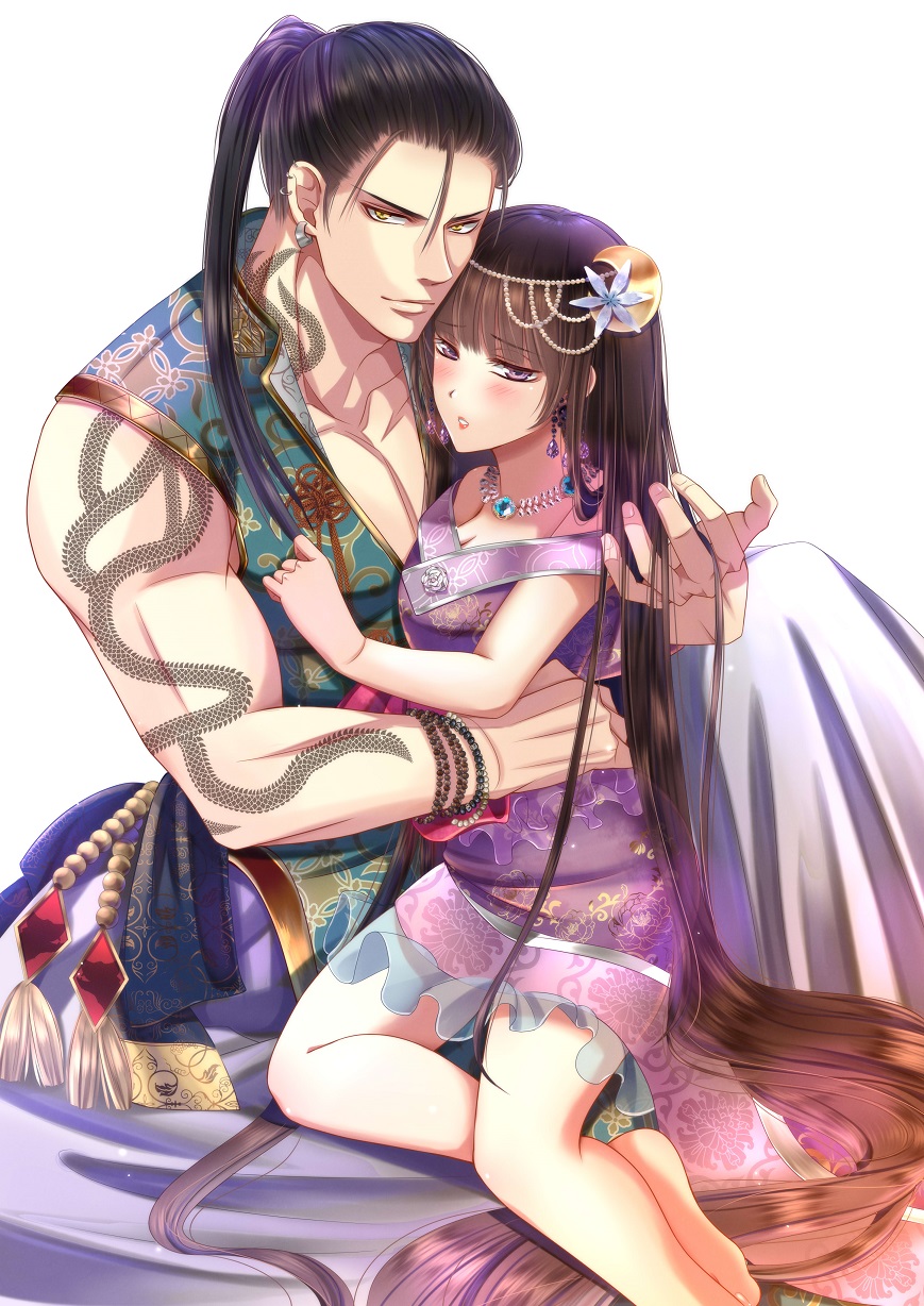 1boy 1girl arm_tattoo bangs barefoot bead_bracelet beads bishounen black_hair bracelet copyright_request cover cover_page crescent crescent_hair_ornament earrings hair_ornament hand_in_hair highres hug izumi_(stardustalone) jewelry long_hair necklace ponytail purple_earrings sitting tattoo very_long_hair violet_eyes yellow_eyes