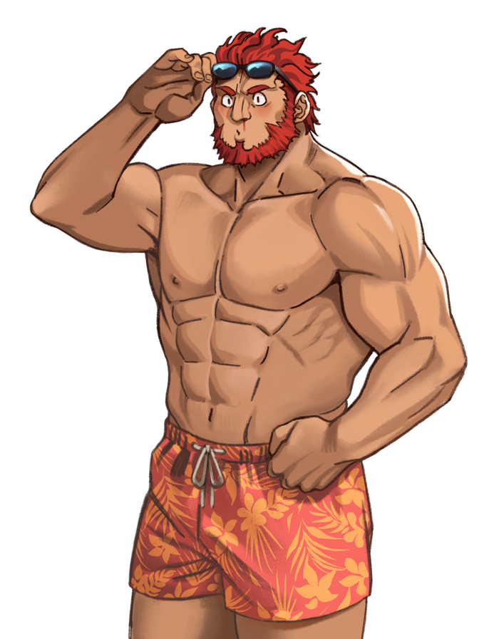 1boy abs bara beard blood chest commission facial_hair fate/grand_order fate/zero fate_(series) iskandar_(fate) male_focus male_swimwear manly muscle nipples nosebleed pectorals redhead solo steel_peach swimwear upper_body