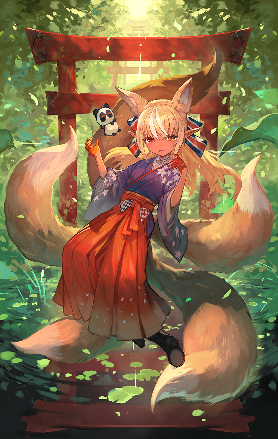 1girl animal_ears bangs black_footwear blonde_hair blue_ribbon blush boots commentary_request copyright_request cross-laced_footwear cutout_gloves eyebrows_visible_through_hair forest fox_ears fox_girl fox_tail full_body gloves hair_ribbon hakama highres japanese_clothes lack long_hair long_sleeves looking_at_viewer multicolored_hair multiple_tails nature open_mouth orange_eyes orange_gloves outdoors red_eyes red_hakama red_ribbon ribbon smile solo stuffed_animal stuffed_panda stuffed_toy tail tree two-tone_hair white_hair wide_sleeves