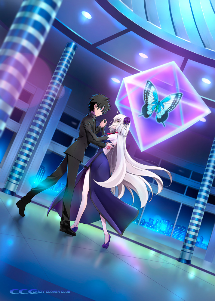 1boy 1girl black_hair blonde_hair bug butterfly command_spell couple dancing dress fate/grand_order fate_(series) formal fujimaru_ritsuka_(male) full_body hetero high_heels insect jeanne_d'arc_(alter)_(fate) jeanne_d'arc_(fate)_(all) long_hair looking_at_another navel night shirotsumekusa short_hair smile suit yellow_eyes