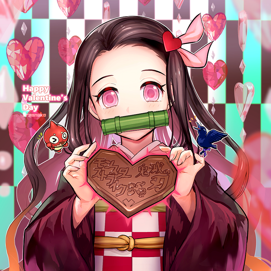 1girl black_hair blush checkered floating_hair gradient_hair hair_ornament hair_ribbon haori happy_valentine heart heart_hair_ornament holding japanese_clothes kamado_nezuko kimetsu_no_yaiba kimono long_hair looking_at_viewer multicolored_hair pink_eyes pink_kimono pink_ribbon ribbon solo upper_body y-chan