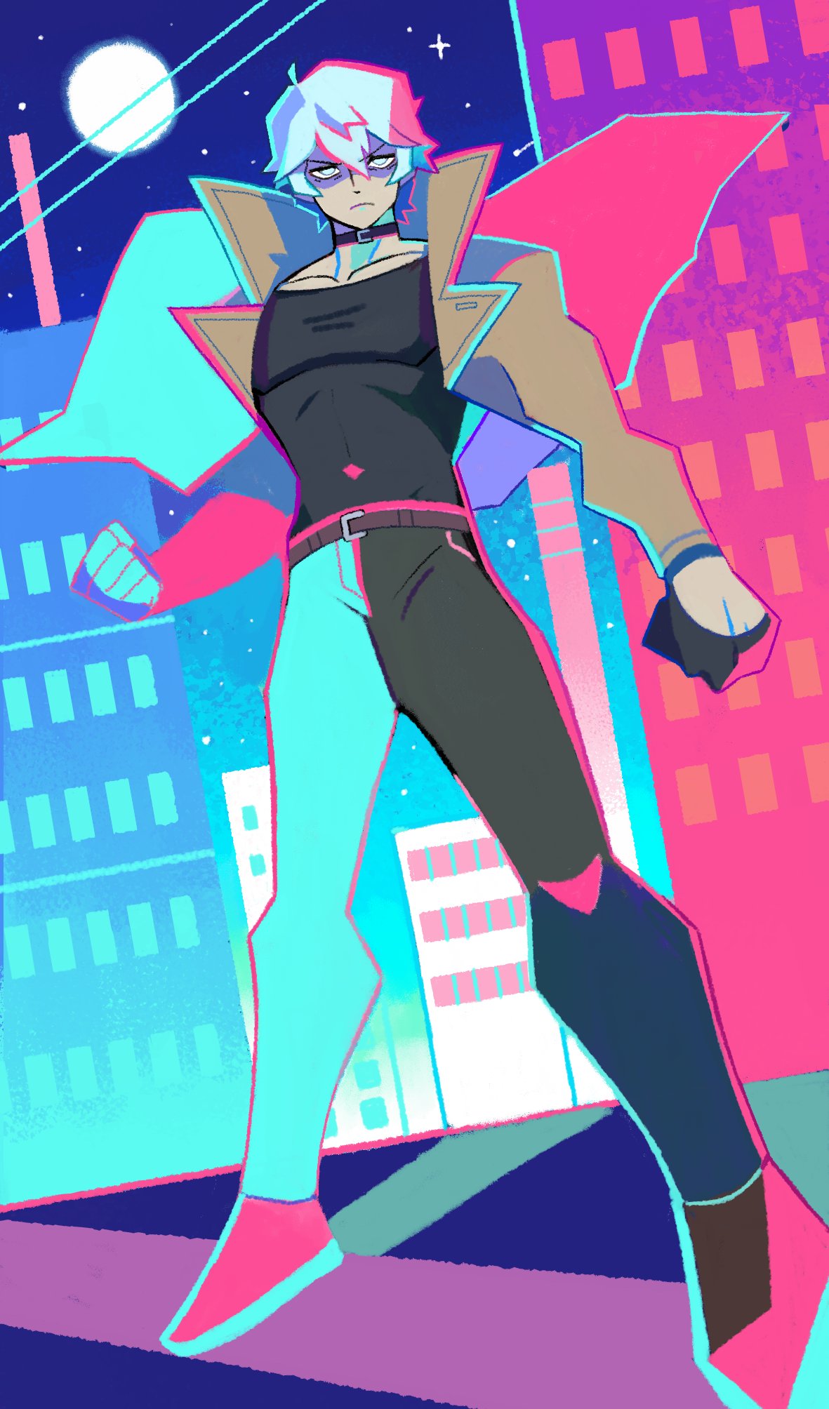 1boy black_shirt blue_eyes brand_new_animal brown_jacket city clenched_hands denaseey denim dutch_angle full_body highres jacket jeans looking_at_viewer moon ogami_shirou open_clothes open_jacket pants popped_collar shirt solo star_(sky) white_hair