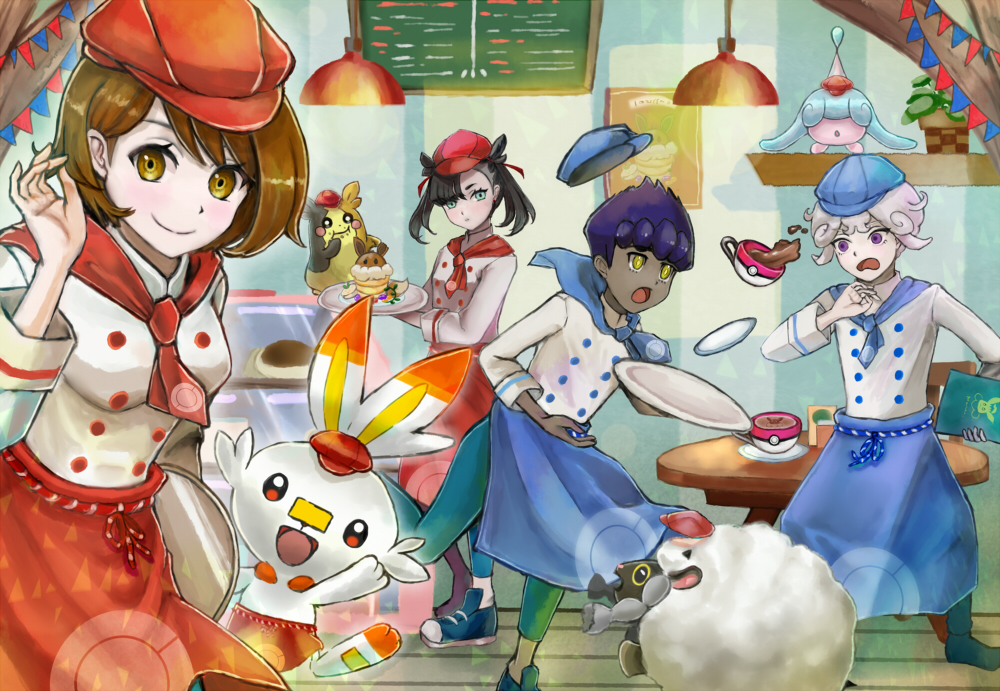 2boys 2girls apron bangs beet_(pokemon) black_hair blue_headwear blush brown_eyes brown_hair chair commentary_request cup eyelashes gen_8_pokemon grey_hair hat hatenna holding holding_tray hop_(pokemon) indoors looking_at_viewer mary_(pokemon) morpeko morpeko_(full) multiple_boys multiple_girls orange_headwear panicking pokemon pokemon_(creature) pokemon_(game) pokemon_cafe_mix pokemon_swsh purple_hair red_headwear scorbunny setta_shu smile table teacup tray violet_eyes waist_apron waiter waitress wooden_table wooloo yellow_eyes yuuri_(pokemon)