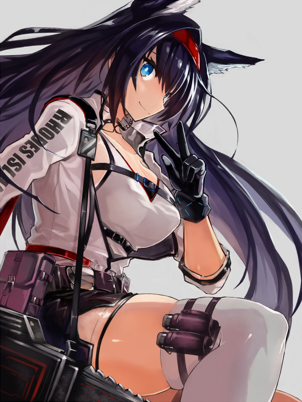 1girl animal_ears arknights bangs belt black_gloves black_hair blaze_(arknights) blue_eyes breasts cat_ears chainsaw commentary_request edobox gloves grey_background hairband large_breasts long_hair long_sleeves looking_at_viewer pouch red_hairband simple_background sitting skindentation smile tank_top thigh-highs thigh_strap thighs very_long_hair w white_legwear white_tank_top