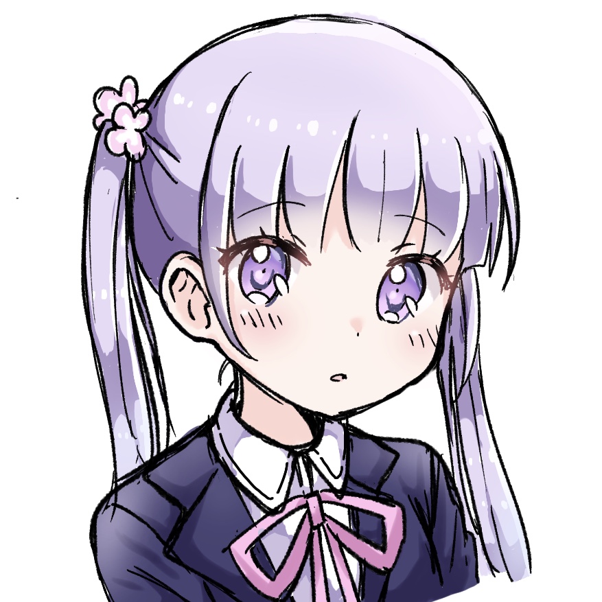1girl bangs blue_jacket blush collared_shirt cropped_torso eyebrows_visible_through_hair flower hair_flower hair_ornament jacket long_hair looking_at_viewer neck_ribbon new_game! parted_lips pink_flower pink_ribbon purple_hair ribbon shika_(s1ka) shirt simple_background solo suzukaze_aoba twintails upper_body violet_eyes white_background white_shirt