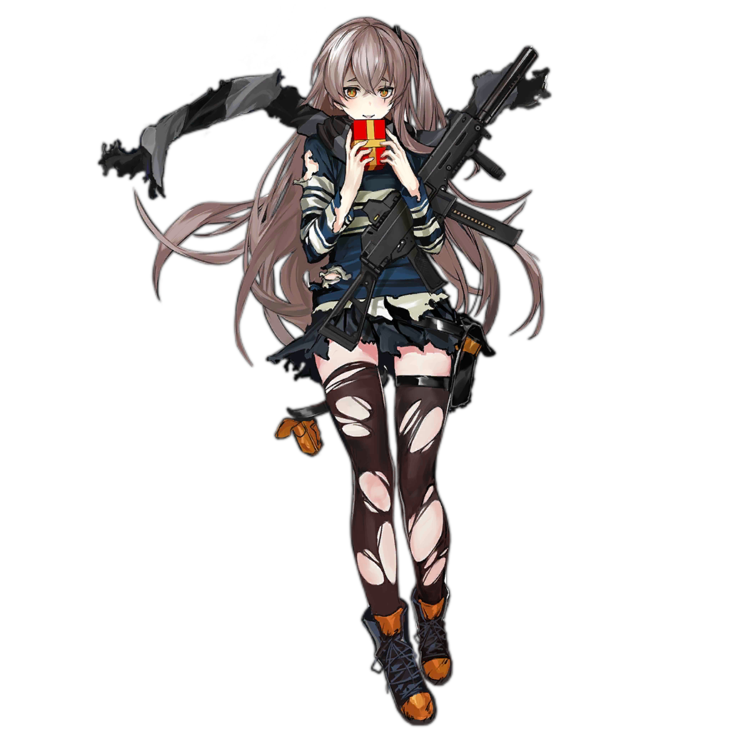 1girl alternate_costume bangs black_footwear black_legwear black_scarf black_skirt blush boots brown_eyes crossed_bangs damaged eyebrows_visible_through_hair full_body gift girls_frontline grey_hair gun h&amp;k_ump hands_up heckler_&amp;_koch holding holding_gift holding_gun holding_weapon infukun long_hair looking_at_viewer official_art parted_lips pleated_skirt scar scar_across_eye scarf skirt smile solo standing striped striped_scarf submachine_gun thigh-highs torn_clothes torn_legwear torn_scarf torn_skirt torn_sweater transparent_background ump45_(girls_frontline) valentine very_long_hair weapon