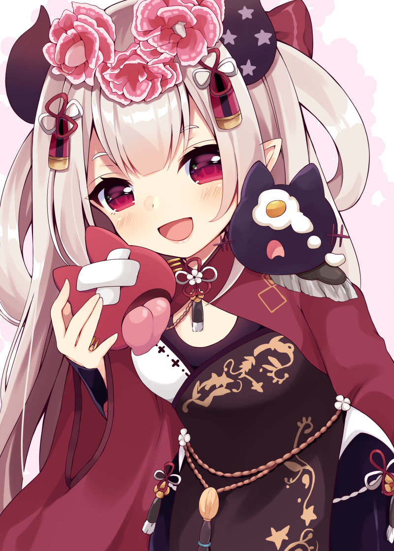 1girl :d arm_guards bangs black_dress blush breasts commentary_request curled_horns dress eyebrows_visible_through_hair flower hair_flower hair_ornament hair_rings hand_up holding horns leaning_forward long_hair long_sleeves looking_at_viewer maki_soutoki naraka_(nijisanji) nijisanji open_mouth red_eyes red_flower shrug_(clothing) silver_hair small_breasts smile solo star_(symbol) sunny_side_up_egg virtual_youtuber wide_sleeves