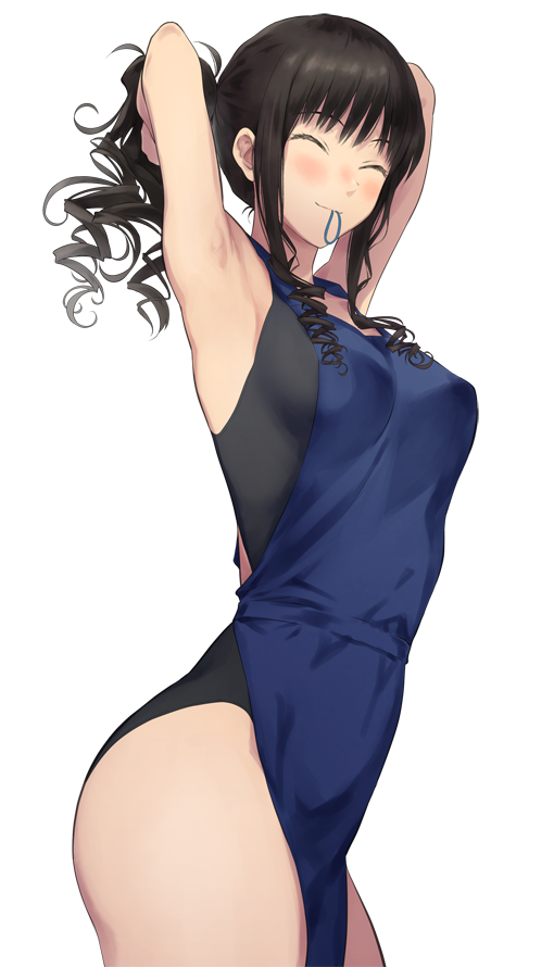 1girl ^_^ amagami apron armpits arms_up bangs bare_arms bare_shoulders black_hair black_swimsuit blue_apron breasts closed_eyes closed_mouth commentary_request competition_swimsuit cowboy_shot drill_hair eyebrows_visible_through_hair facing_viewer hair_tie medium_breasts morishima_haruka mouth_hold nozomi-y one-piece_swimsuit ponytail sidelocks simple_background smile solo swimsuit thighs tying_hair white_background