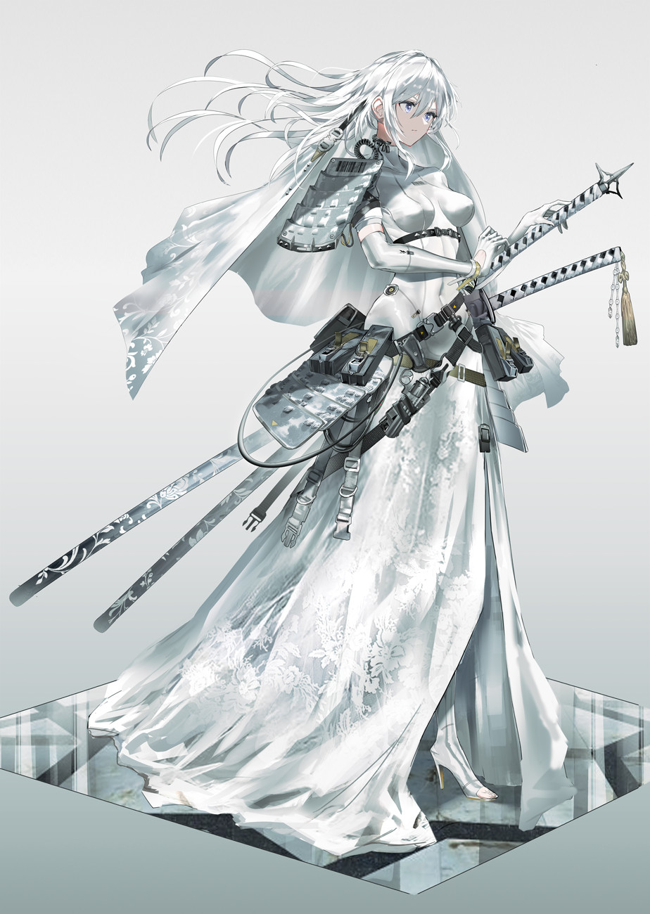 1girl armor belt belt_pouch blue_eyes bridal_veil dress floral_print full_body high_heels highres japanese_armor katana long_hair original pouch sheath sheathed skin_tight snap-fit_buckle solo swav sword toeless_legwear veil weapon wedding_dress white_dress white_hair white_theme