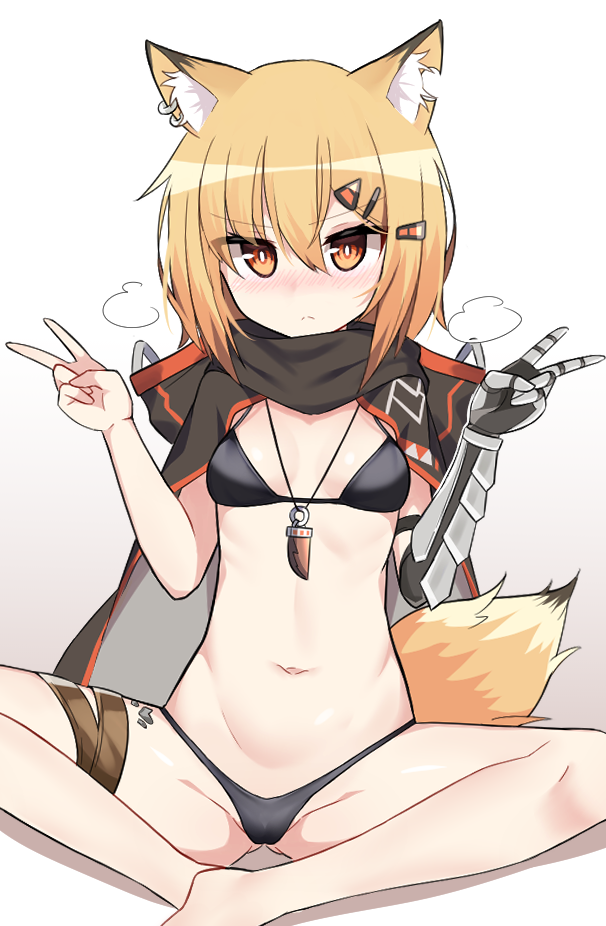 1girl animal_ear_fluff animal_ears arknights bangs black_bra black_panties blonde_hair blush bra breasts coat commentary_request crystal double_v earrings elbow_gloves fox_ears fox_girl fox_tail frown gloves hair_between_eyes hair_ornament jewelry legs lettu looking_at_viewer midriff navel necklace ore_lesion_(arknights) originium_(arknights) panties short_hair sidelocks simple_background single_elbow_glove sitting small_breasts solo spread_legs tail thigh_strap underwear v vermeil_(arknights) white_background yellow_eyes