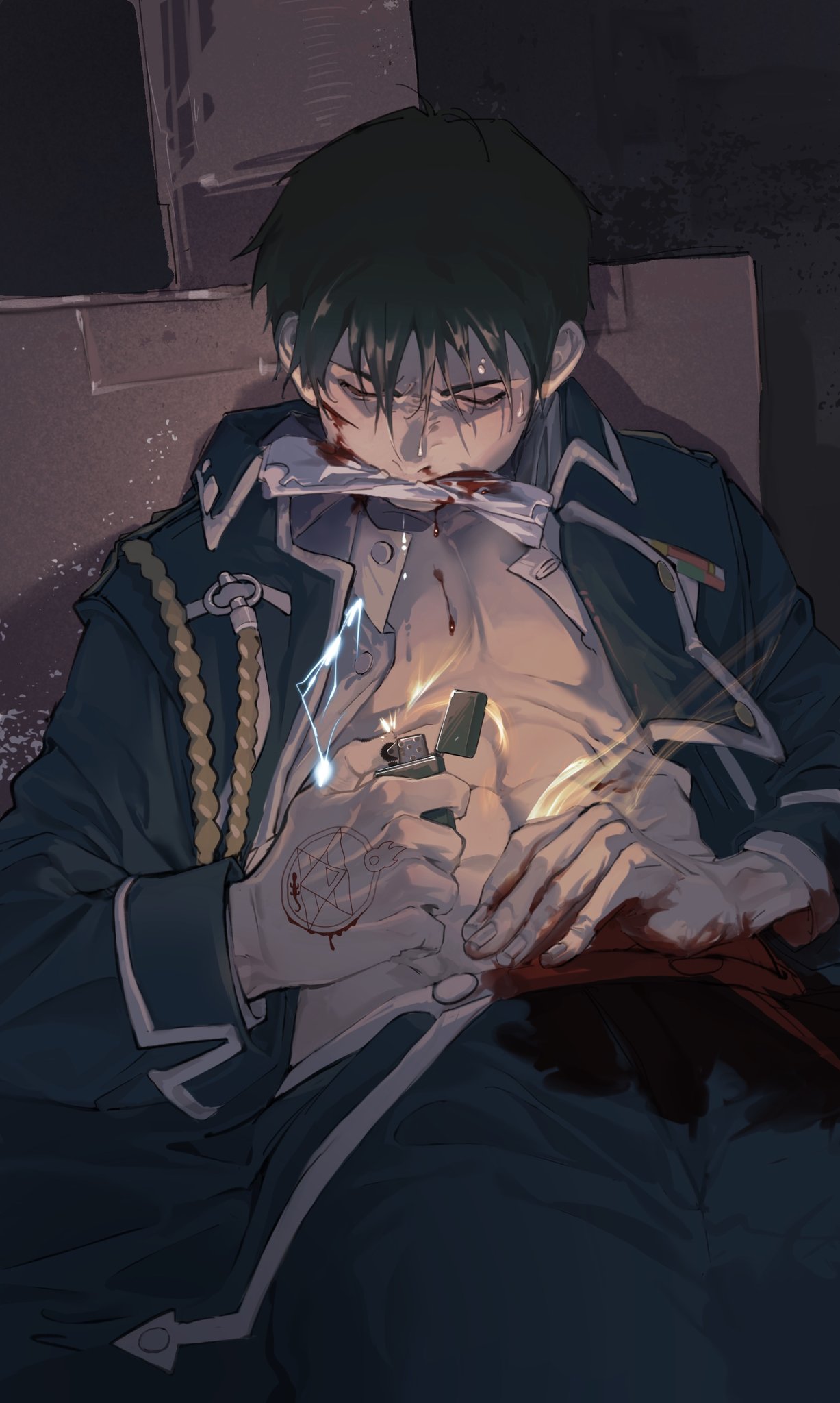 1boy abs aiguillette amestris_military_uniform biting black_hair black_jacket blood blood_on_face blood_stain collared_jacket fire fullmetal_alchemist furrowed_eyebrows gloves grimace highres holding injury jacket lighter long_sleeves looking_down male_focus military military_uniform open_clothes open_jacket pain roy_mustang shadow single_glove sitting solo sparks sweat torn_clothes translation_request tsuchinoeichi_kuchi uniform upper_body white_gloves