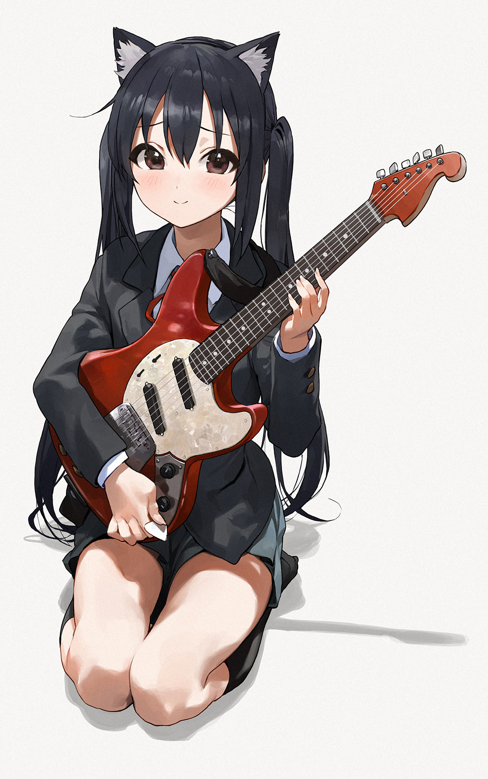 1girl animal_ear_fluff animal_ears bangs black_jacket black_legwear blazer blush brown_eyes cat_ears cat_girl closed_mouth commentary electric_guitar eyebrows_visible_through_hair full_body grey_skirt guitar highres holding holding_instrument instrument jacket k-on! kneehighs long_sleeves looking_at_viewer miniskirt mossi nakano_azusa school_uniform seiza sidelocks sitting skirt smile solo twintails