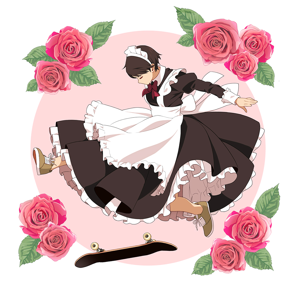 1girl apron bare_legs brown_hair circle closed_eyes commentary dress flower frilled_apron frilled_dress frilled_headband frills long_sleeves maid maid_apron maid_dress maid_headdress original rose shoes short_hair skateboard skateboarding sleeve_cuffs sneakers solo suzushiro_(suzushiro333) white_background