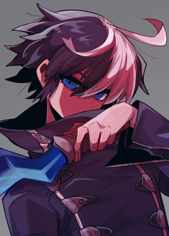 1boy ahoge black_hair blue_eyes coat covered_mouth dagger grey_background holding holding_dagger holding_knife holding_weapon jacket knife looking_at_viewer mako_gai male_focus multicolored_hair seth_(under_night_in-birth) short_hair simple_background solo two-tone_hair under_night_in-birth weapon white_hair