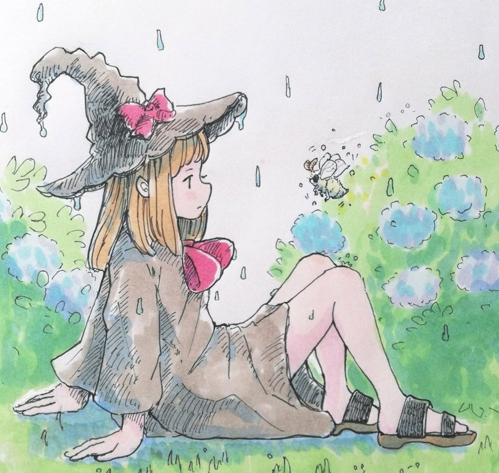 1girl bare_legs bee bug commentary flower hat hydrangea insect medium_hair orange_hair original porankaran rain robe sandals sitting witch witch_hat