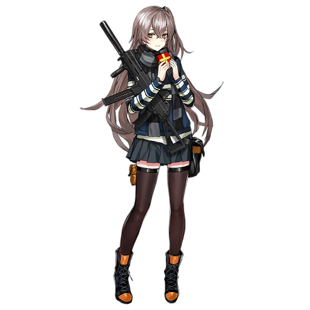 1girl alternate_costume bangs black_footwear black_legwear black_scarf black_skirt blush boots brown_eyes closed_mouth crossed_bangs eyebrows_visible_through_hair full_body gift girls_frontline grey_hair gun h&amp;k_ump hair_between_eyes hands_up heckler_&amp;_koch holding holding_gift holding_gun holding_weapon infukun long_hair looking_at_viewer miniskirt official_art one_side_up pleated_skirt scar scar_across_eye scarf skirt smile solo standing striped striped_scarf striped_sweater submachine_gun sweater thigh-highs transparent_background ump45_(girls_frontline) valentine very_long_hair weapon zettai_ryouiki