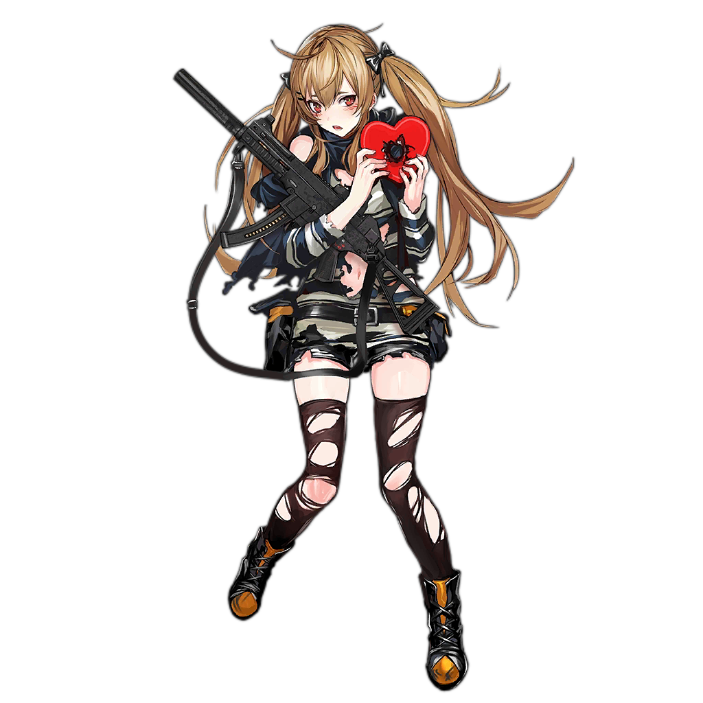 1girl ahoge alternate_costume bangs black_footwear black_legwear black_shorts boots box brown_hair damaged eyebrows_visible_through_hair full_body gift girls_frontline gun h&amp;k_ump hands_up heart-shaped_box heckler_&amp;_koch holding holding_gift infukun long_hair looking_at_viewer official_art open_mouth red_eyes short_shorts shorts sidelocks solo standing striped striped_sweater submachine_gun sweater teeth thigh-highs torn_clothes torn_legwear torn_shorts transparent_background twintails ump9_(girls_frontline) valentine weapon