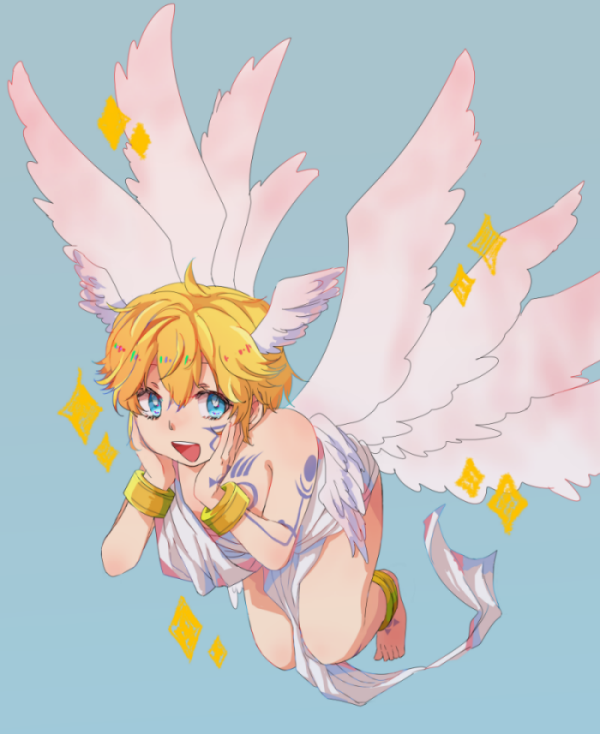 1boy barefoot blonde_hair blue_background blue_eyes bracelet digimon feet hair_between_eyes jewelry looking_at_viewer lucemon multiple_wings seraph simple_background solo sparkle thighs wings yoshimori_(mrysknkn)