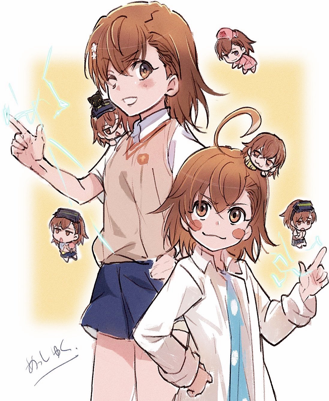 6+girls ahoge artist_name asshuku biribiri blue_skirt blush_stickers brown_eyes brown_hair collared_shirt commentary_request dress dress_shirt electricity highres last_order minigirl misaka_imouto misaka_mikoto misaka_worst multiple_girls nurse pleated_skirt polka_dot polka_dot_dress school_uniform shirt short_hair skirt sweater_vest to_aru_kagaku_no_railgun to_aru_majutsu_no_index tokiwadai_school_uniform two-tone_background white_shirt yellow_background