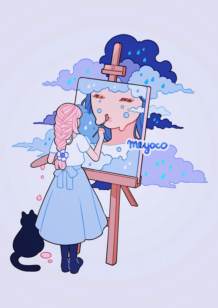 1girl artist_name black_cat blue_hair blue_skirt cat closed_eyes clouds easel flower from_behind full_body grey_background hair_flower hair_ornament long_skirt meyoco original painting painting_(object) pink_hair shirt short_sleeves simple_background skirt solo standing water_drop white_flower white_shirt