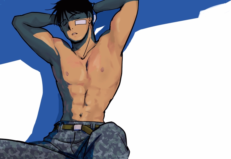 1boy abs armpits arms_behind_head arms_up bandaid bandaid_on_cheek bandaid_on_face belt black_hair black_outline camouflage camouflage_pants closed_eyes collarbone facing_viewer fullmetal_alchemist green_belt grey_pants hair_strand leaning_back male_focus messy_hair military military_uniform muscular muscular_male narrow_waist nipples outline pants parted_lips roy_mustang shade shadow sidelighting simple_background sleeping sleeping_upright spiky_hair topless_male uniform urikurage white_background