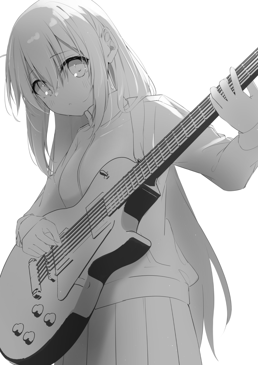 1girl :o bangs blush bocchi_the_rock! breasts electric_guitar gotou_hitori greyscale guitar hair_between_eyes highres hijouguti holding holding_instrument holding_plectrum instrument jacket long_hair looking_at_viewer monochrome parted_lips pleated_skirt plectrum simple_background skirt small_breasts solo sweat track_jacket very_long_hair white_background
