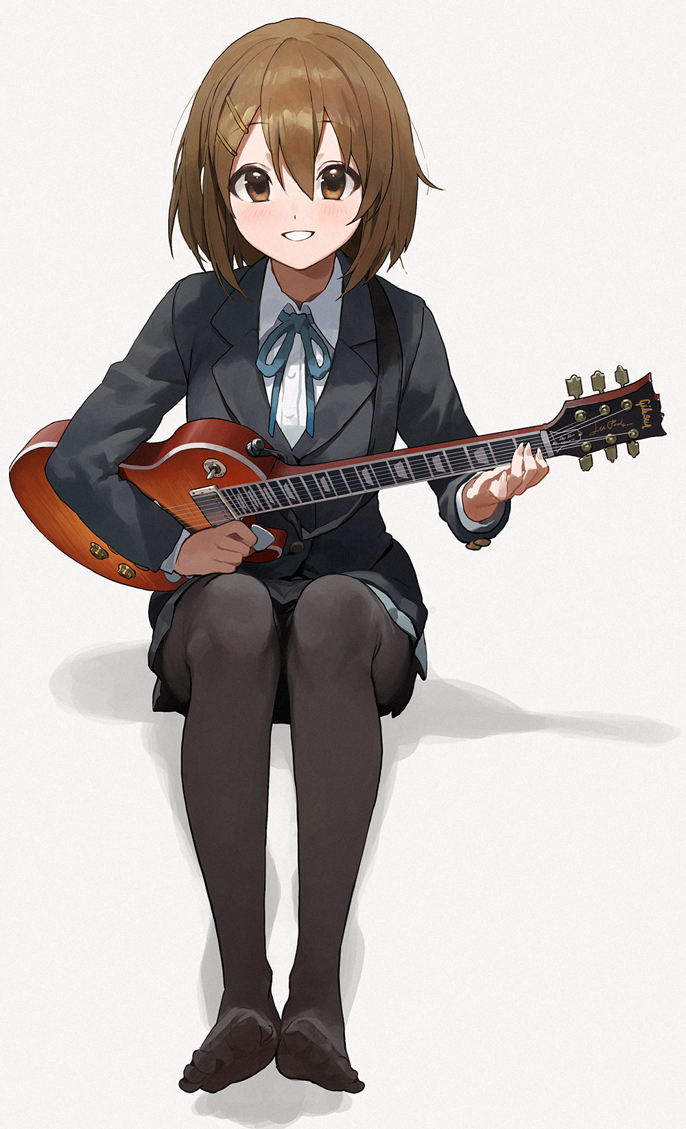 1girl :d bangs black_jacket black_legwear blazer blue_neckwear blue_ribbon blush brown_eyes brown_hair commentary electric_guitar eyebrows_visible_through_hair full_body grey_background grey_skirt grin guitar hair_between_eyes hair_ornament hairclip highres hirasawa_yui instrument jacket k-on! long_sleeves looking_at_viewer miniskirt mossi music neck_ribbon no_shoes open_mouth pantyhose playing_instrument pleated_skirt plectrum ribbon school_uniform short_hair simple_background sitting skirt smile solo