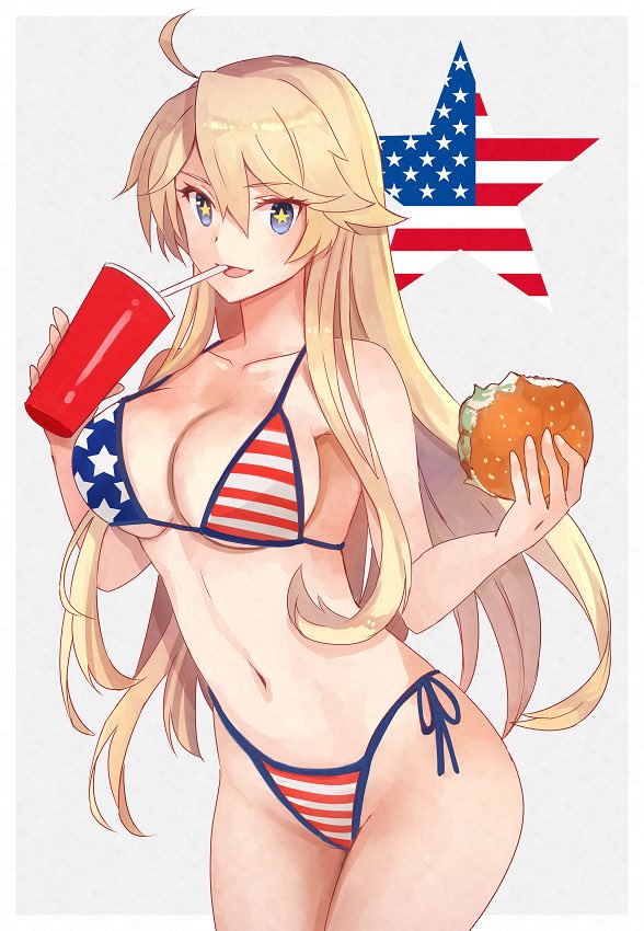 1girl american_flag american_flag_bikini bikini bikini_bottom bikini_top blonde_hair blue_eyes breasts cowboy_shot cup drinking_straw eating flag_print food hamburger iowa_(kantai_collection) kantai_collection kasumi_(skchkko) large_breasts print_bikini star-shaped_pupils star_(symbol) swimsuit symbol-shaped_pupils white_background