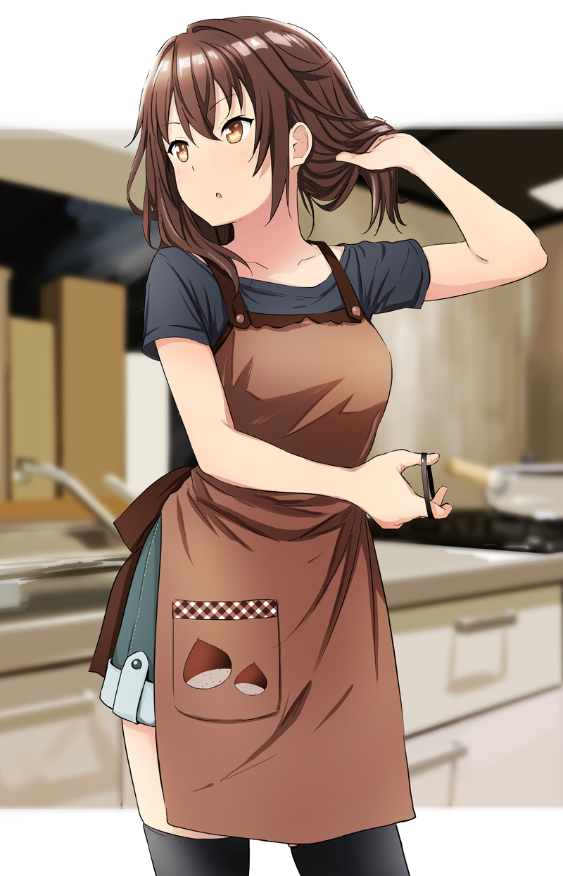 1girl abe_kanari adjusting_hair apron black_legwear blurry blurry_background brown_eyes brown_hair cowboy_shot denim denim_shorts hair_tie high_school_fleet highres kitchen kuroki_hiromi short_sleeves shorts solo thigh-highs tying_hair