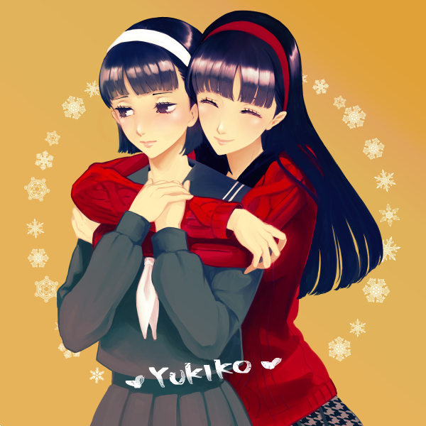 2girls amagi_yukiko black_hair black_sailor_collar black_serafuku black_shirt black_skirt brown_eyes character_name closed_eyes closed_mouth collared_shirt crossed_arms hairband hitoki_(kokusei1977) hug hug_from_behind long_hair long_sleeves looking_away multiple_girls persona persona_4 pleated_skirt red_hairband red_sweater ribbed_sweater sailor_collar sailor_shirt school_uniform serafuku shiny shiny_hair shirt short_hair skirt smile straight_hair sweater very_long_hair white_hairband white_neckwear yellow_background