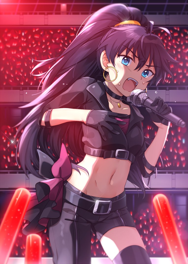 1girl antenna_hair asymmetrical_pants audience belt black_belt black_gloves black_hair black_jacket black_pants blue_eyes choker commentary_request concert cowboy_shot cropped_jacket earrings ganaha_hibiki glint gloves glowstick half_gloves high_ponytail hiiringu holding holding_microphone hoop_earrings idol idolmaster idolmaster_(classic) jacket jewelry looking_at_viewer microphone midorikawa_nao music navel necklace open_mouth pants ponytail singing solo_focus sweat thigh-highs