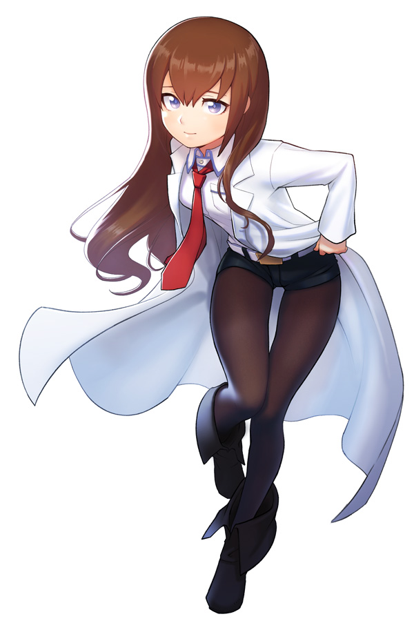 1girl bangs belt bent_over black_footwear black_legwear black_shorts blue_eyes boots brown_hair closed_mouth collared_shirt dress_shirt floating_hair full_body hair_between_eyes labcoat legwear_under_shorts long_hair looking_at_viewer makise_kurisu necktie nekobayashi_(nekoforest) pantyhose red_neckwear shiny shiny_hair shirt short_shorts shorts simple_background smile solo standing standing_on_one_leg steins;gate straight_hair thigh_gap very_long_hair white_background white_belt white_shirt wing_collar