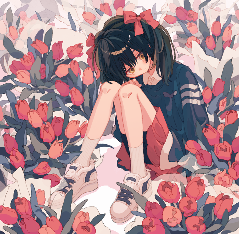 1girl black_hair black_shorts bow flower hair_bow ka_(marukogedago) knees_up long_hair long_sleeves original pleated_skirt red_bow red_flower red_skirt shoes shorts shorts_under_skirt sitting skirt socks solo tulip white_footwear white_legwear yellow_eyes