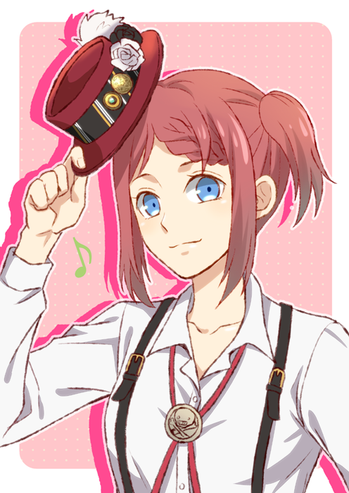 1girl bangs blue_eyes braid closed_mouth collarbone collared_shirt dress_shirt hat holding holding_hat long_sleeves looking_at_viewer musical_note neck_ribbon one_side_up pink_background red_headwear red_ribbon redhead ribbon rose_(tales) saklo shiny shiny_hair shirt short_hair single_braid smile solo suspenders swept_bangs tales_of_(series) tales_of_zestiria upper_body white_background white_shirt wing_collar