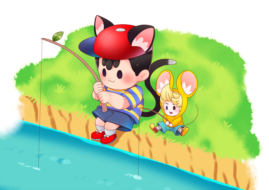 2boys animal_ears animal_hood baseball_cap black_hair blonde_hair blue_shorts cat_boy cat_ears cat_tail child fishing fishing_rod hat holding holding_fishing_rod hood hoodie kemonomimi_mode lucas male_focus miniboy mizuki_(sjsj_10) mother_(game) mother_2 mother_3 mouse_boy mouse_ears mouse_tail multiple_boys ness quiff red_footwear red_headwear river shirt shoes shorts sitting size_difference smile socks striped striped_shirt t-shirt tail water white_legwear yellow_hoodie