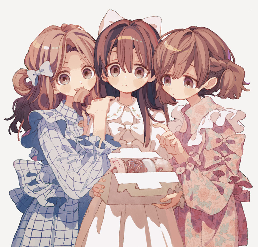 3girls bangs blue_bow blue_dress bow box braid brown_eyes brown_hair doughnut dress expressionless food frilled_dress frilled_sleeves frills hair_between_eyes hair_bow holding holding_box holding_food ka_(marukogedago) long_hair long_sleeves looking_at_viewer medium_hair multiple_girls open_mouth original pastry_box pink_dress simple_background smile upper_body white_background white_bow white_dress
