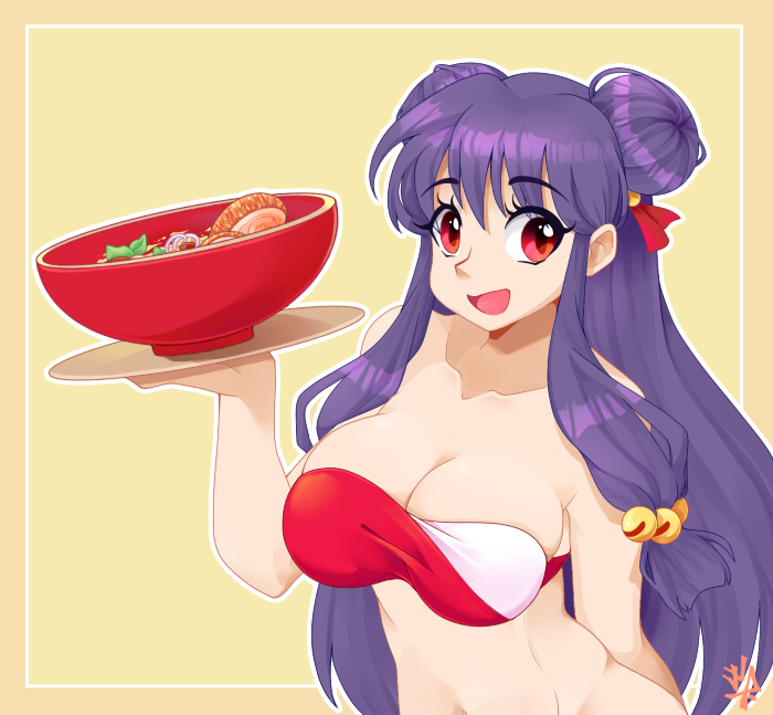 1girl bandeau bare_shoulders bell breasts double_bun food hair_bell hair_ornament long_hair navel purple_hair ranma_1/2 red_eyes shampoo_(ranma_1/2) solo tray weepinbelly