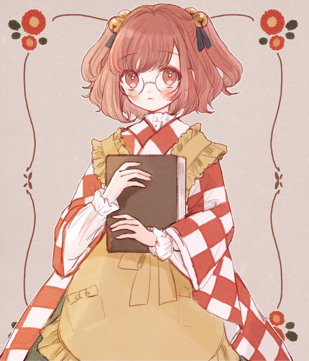 1girl apron bangs bell blush book book_hug checkered checkered_shirt glasses hair_bell hair_ornament holding holding_book japanese_clothes kimono looking_at_viewer motoori_kosuzu red_eyes redhead round_eyewear shirt short_hair touhou twintails two_side_up yellow_apron yujup