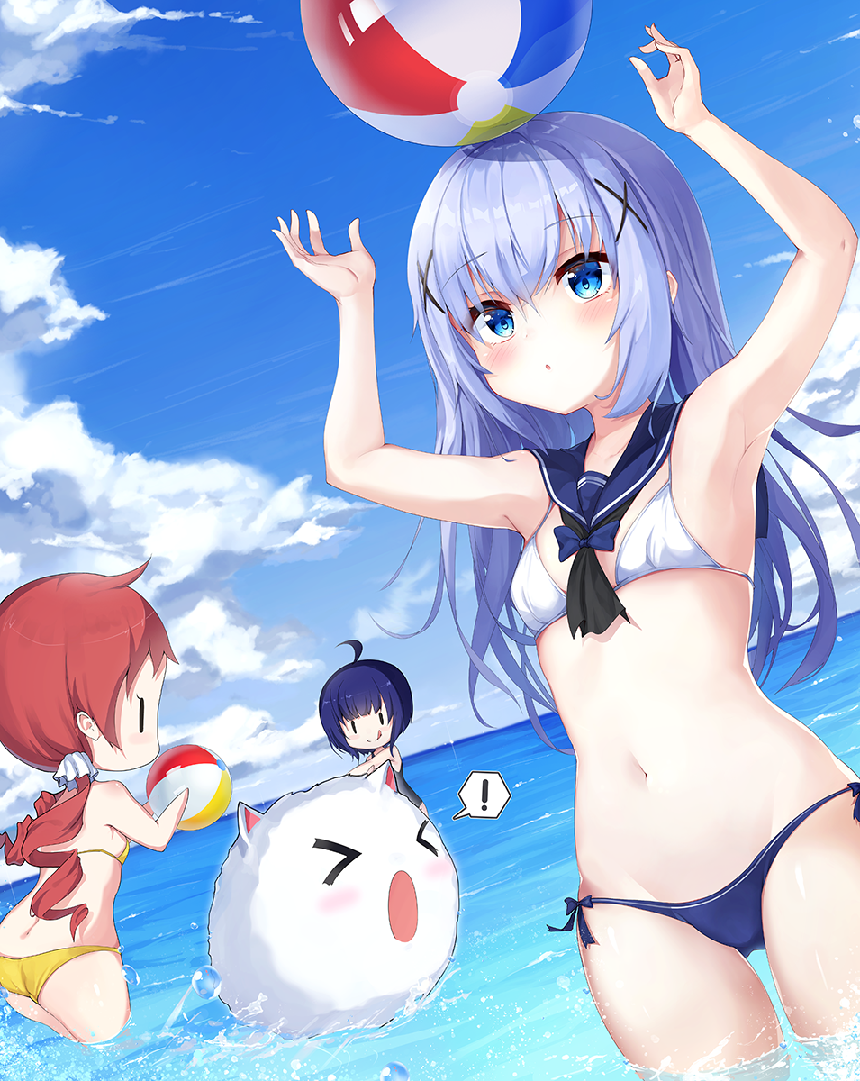 ! &gt;o&lt; 2drr 3girls ahoge armpits ball bangs bare_shoulders beachball bikini blue_bikini blue_eyes blue_hair blue_sky blush breasts commentary_request day eyebrows_visible_through_hair gochuumon_wa_usagi_desu_ka? hair_between_eyes hair_ornament highres jouga_maya kafuu_chino long_hair looking_at_viewer multiple_girls natsu_megumi navel object_on_head open_mouth outdoors redhead sky small_breasts spoken_exclamation_mark swimsuit tongue tongue_out twintails white_bikini x_hair_ornament yellow_bikini