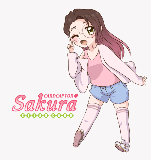 1girl art_style_parody blush brown_eyes brown_hair cardcaptor_sakura glasses gradient_hair green_eyes hazel_eyes jacket long_hair midriff open_jacket original pink_hair pink_shirt round_glasses shorts sinamuna sinamuna sneakers solo thigh-highs two-tone_hair v white_background wink