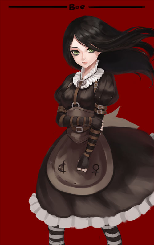 1girl alice:_madness_returns alice_(wonderland) american_mcgee's_alice apron black_hair breasts closed_mouth dress green_eyes jewelry long_hair looking_at_viewer necklace pantyhose simple_background solo striped striped_legwear