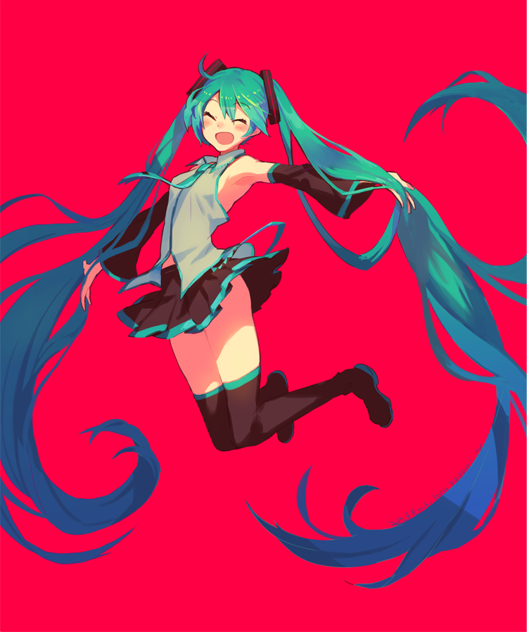 1girl :d ^_^ absurdly_long_hair armpits bare_shoulders black_footwear black_legwear black_skirt black_sleeves blue_hair blush boots closed_eyes collared_shirt detached_sleeves facing_viewer full_body gradient_hair green_hair green_neckwear grey_shirt hatsune_miku long_hair long_sleeves maeya_susumu multicolored_hair necktie open_mouth pleated_skirt red_background shirt simple_background skirt sleeveless sleeveless_shirt smile solo thigh-highs thigh_boots tie_clip twintails very_long_hair vocaloid wide_sleeves