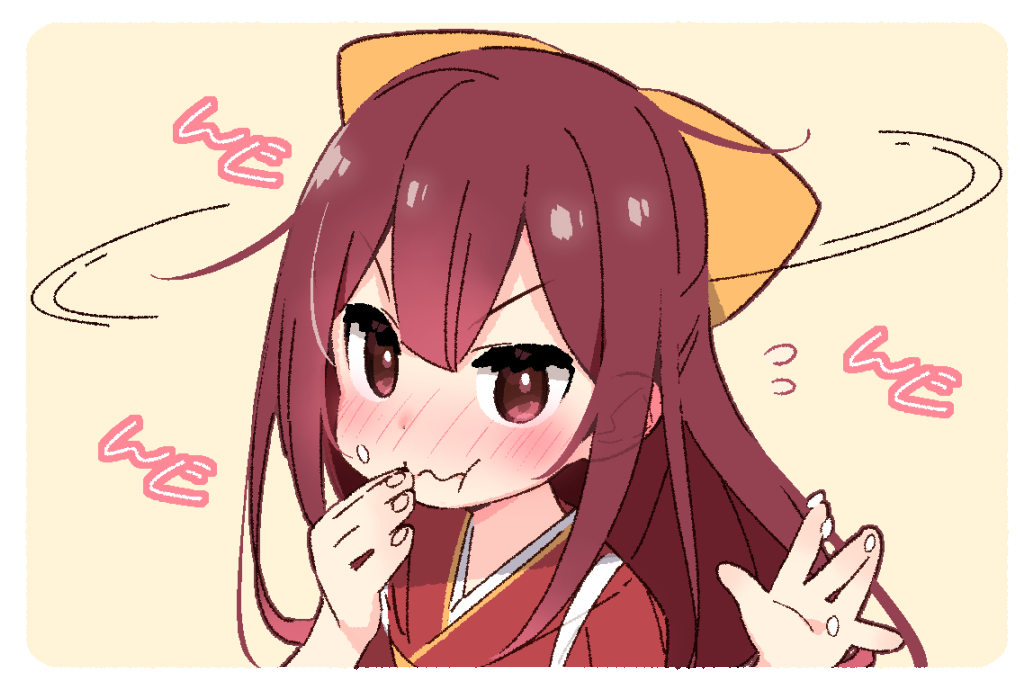 1girl blush bow ears_visible_through_hair eating eyebrows_visible_through_hair fingers_to_mouth food food_on_face food_on_finger hair_bow kamikaze_(kantai_collection) kantai_collection long_hair looking_at_viewer nose_blush red_eyes redhead rice rice_on_face simple_background solo upper_body yoru_nai