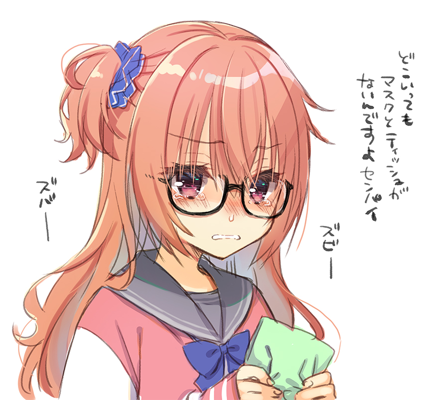 1girl blue_ribbon blue_scrunchie crying glasses handkerchief inaba_meguru jacket long_hair muririn orange_hair pink_jacket ribbon sanoba_witch scrunchie simple_background translation_request white_background