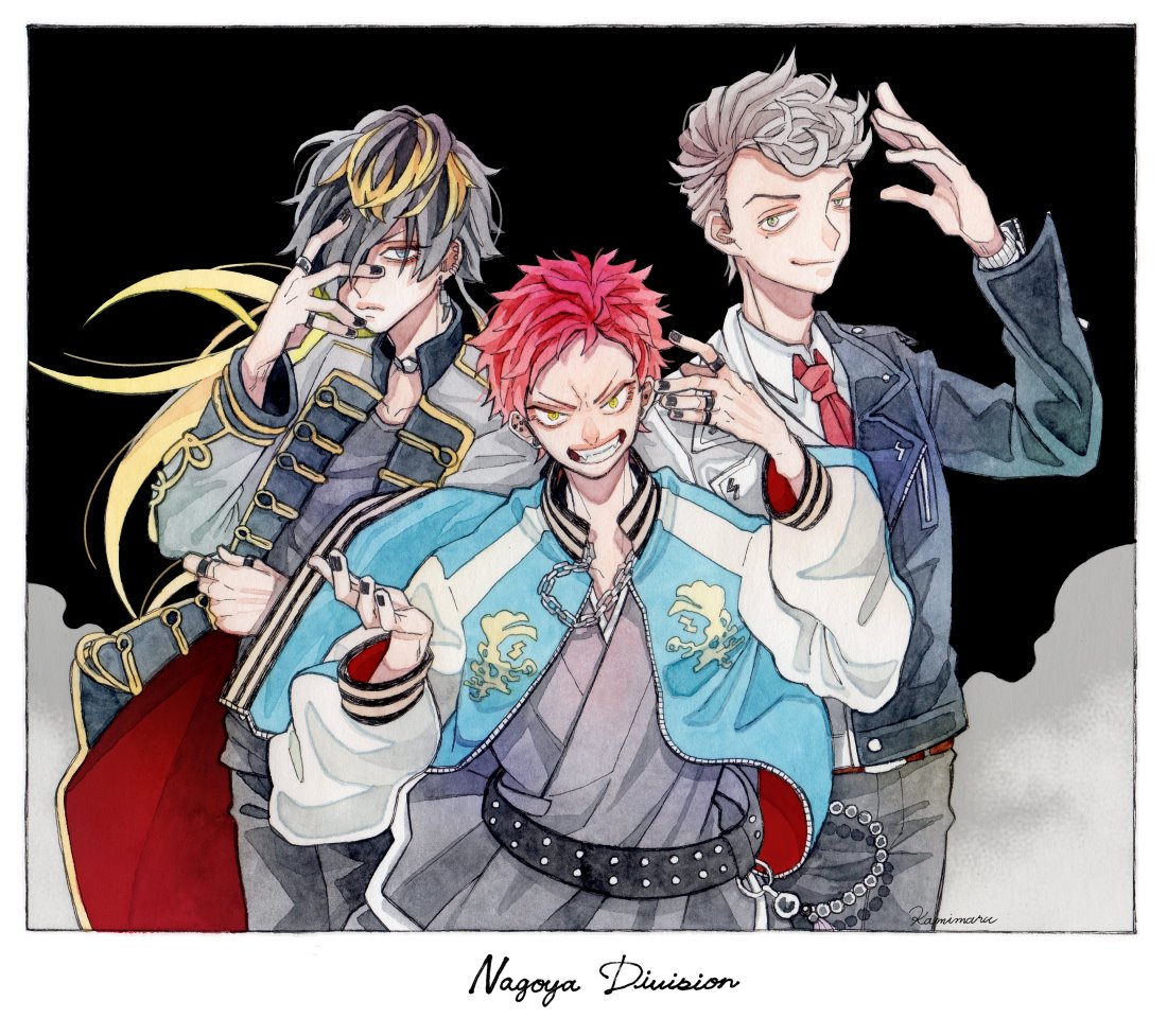 3boys aimono_juushi amaguni_hitoya hair_over_one_eye hand_on_own_face harai_kuuko hypnosis_mic jacket letterman_jacket long_hair male_focus multicolored_hair multiple_boys necktie red_neckwear redhead two-tone_hair two-tone_jacket