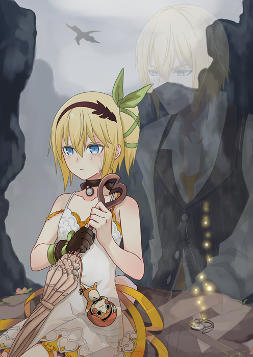 1boy 1girl asymmetrical_gloves black_gloves black_hairband black_ribbon black_vest blonde_hair blue_eyes bow choker closed_umbrella collarbone collared_shirt crying dragon dress dress_shirt edna_(tales) eizen_(tales) gloves green_bow green_ribbon hair_bow hair_ribbon hairband holding holding_umbrella normin_(tales) off_shoulder pendant ribbon ribbon_choker saklo shirt short_dress short_hair side_ponytail single_glove sleeveless sleeveless_dress tales_of_(series) tales_of_berseria tales_of_zestiria tears umbrella vest white_dress white_shirt white_umbrella wing_collar