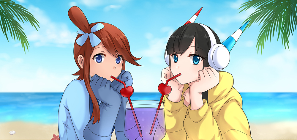 2girls bangs black_hair blue_eyes blue_gloves blunt_bangs clouds commentary_request day drinking_straw eyebrows_visible_through_hair fuuro_(pokemon) glass gloves gym_leader hair_ornament head_in_hand headphones kamitsure_(pokemon) looking_at_viewer mouth_hold multiple_girls outdoors palm_tree pandagirlz pokemon pokemon_(game) pokemon_bw2 redhead sand shared_drink shell shiny shiny_hair shore sidelocks sky tied_hair tree water yuri